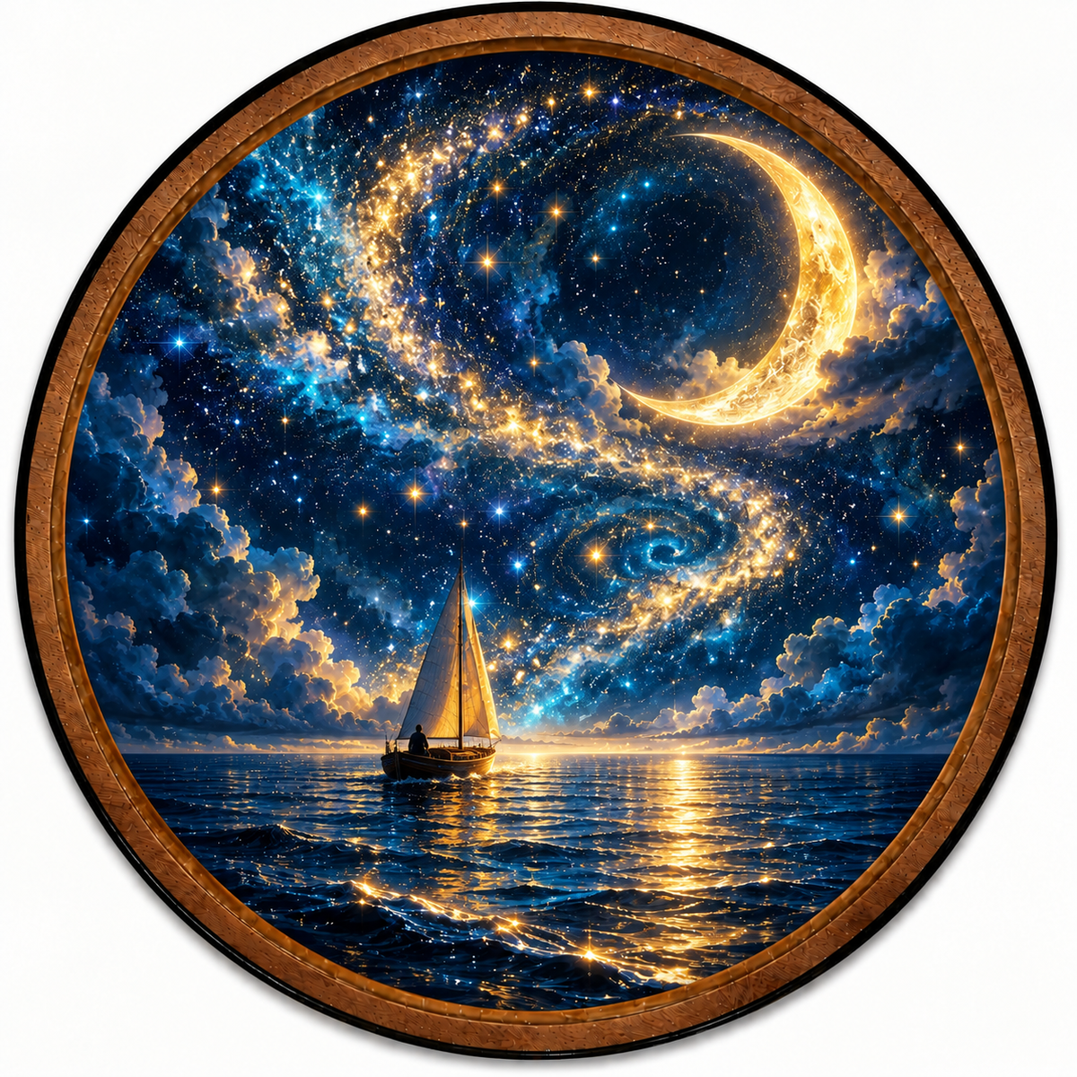 Celestial Sailboat – Handcrafted Round LED Wall Art