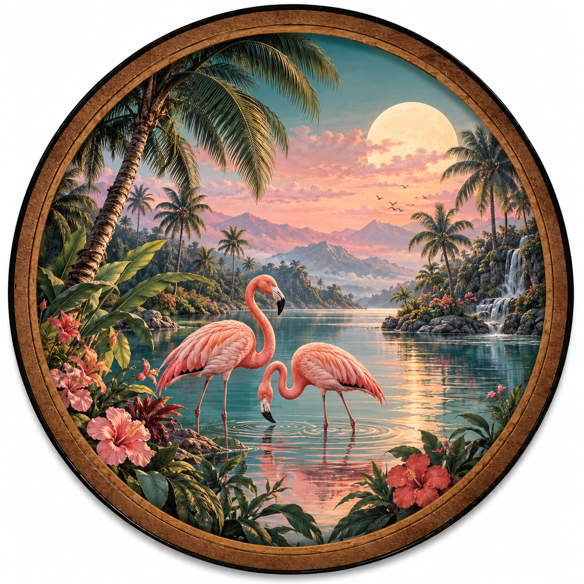 Handcrafted Pink Flamingo LED Wall Art – Tropical Paradise Sunset & Moon, Coastal Nature