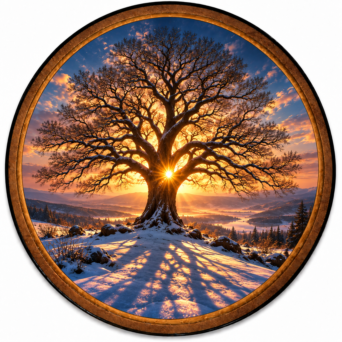 Handcrafted Tree of Life LED Wall Art – Winter Oak Tree at Golden Sunset, Rustic Nature