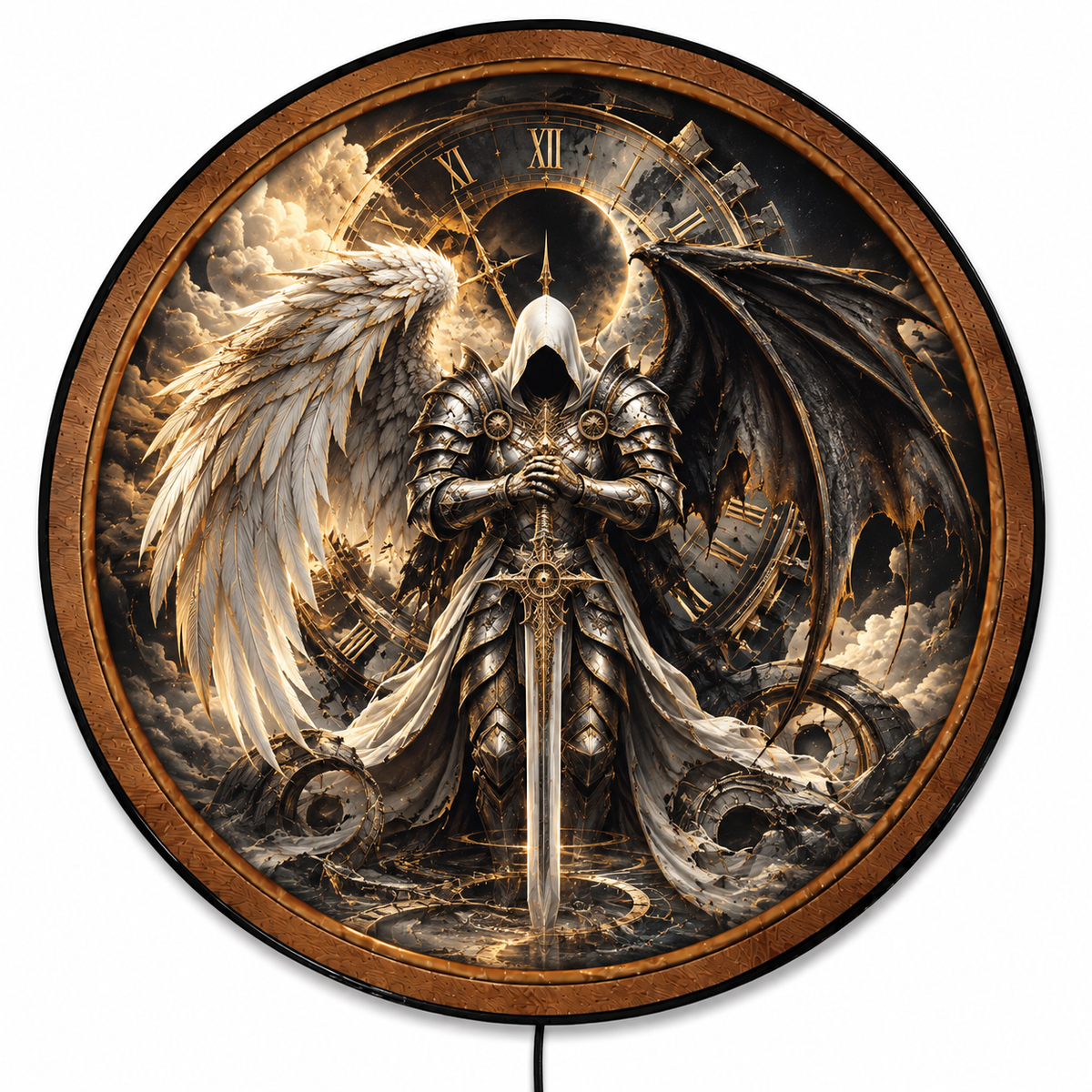 Handcrafted Gothic Knight LED Wall Art – Fallen Angel & Demon Wings, Eclipse Clock Fantasy