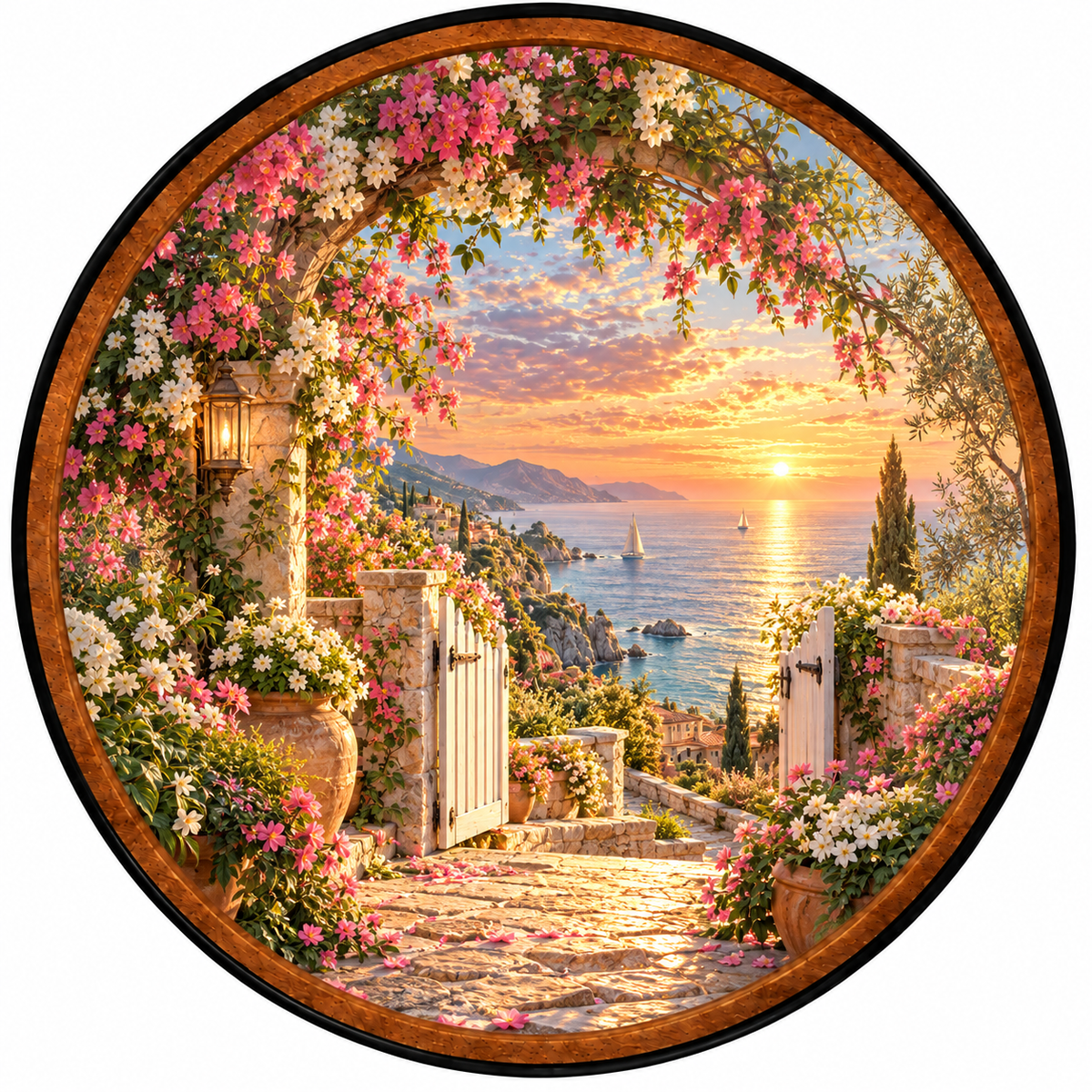 Golden Hour Gateway – Handcrafted Round LED Wall Art