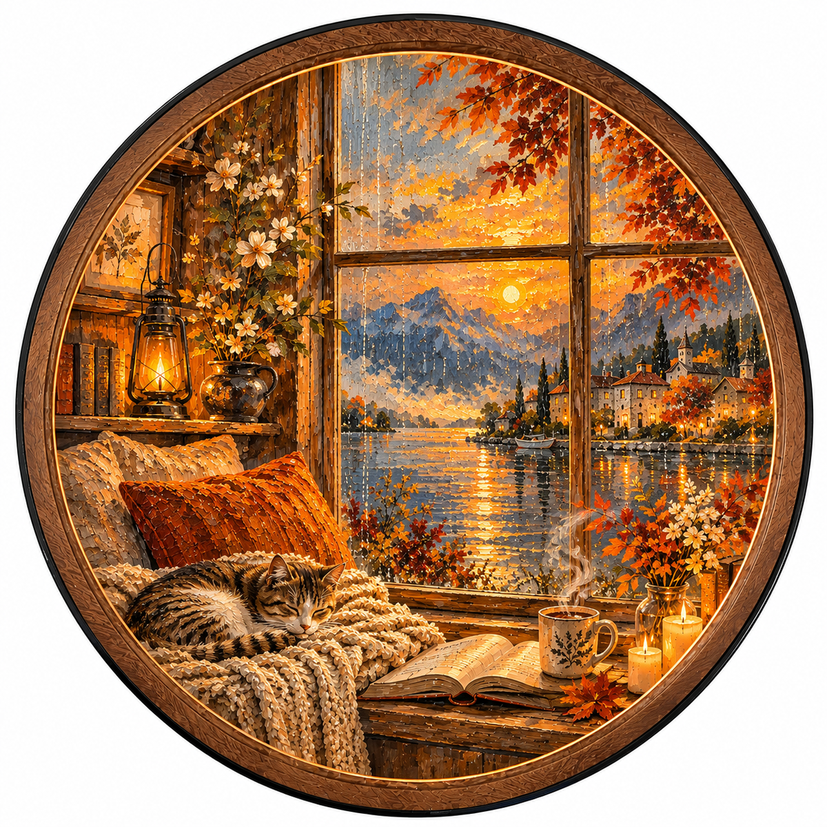 Cozy Autumn Window – Cat & Lake LED Wall Art