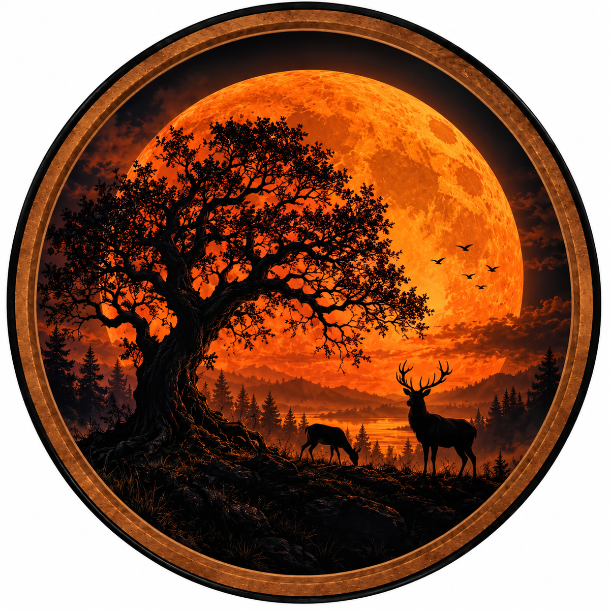 Harvest Moon Stag – Handcrafted Round LED Wall Art