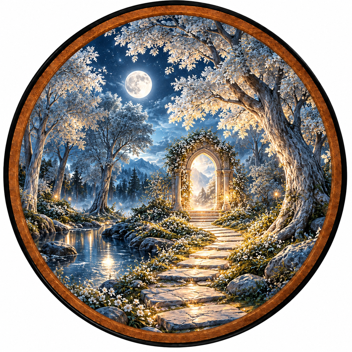 The Moonlit Gate – Handcrafted Round LED Wall Art