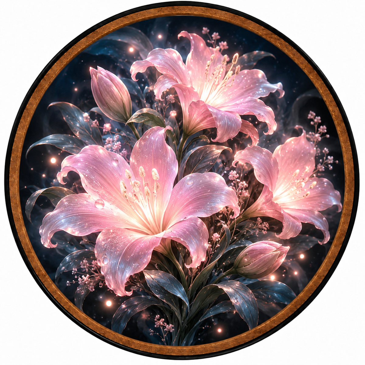 Enchanted Pink Lilies – Handcrafted Round LED Wall Art