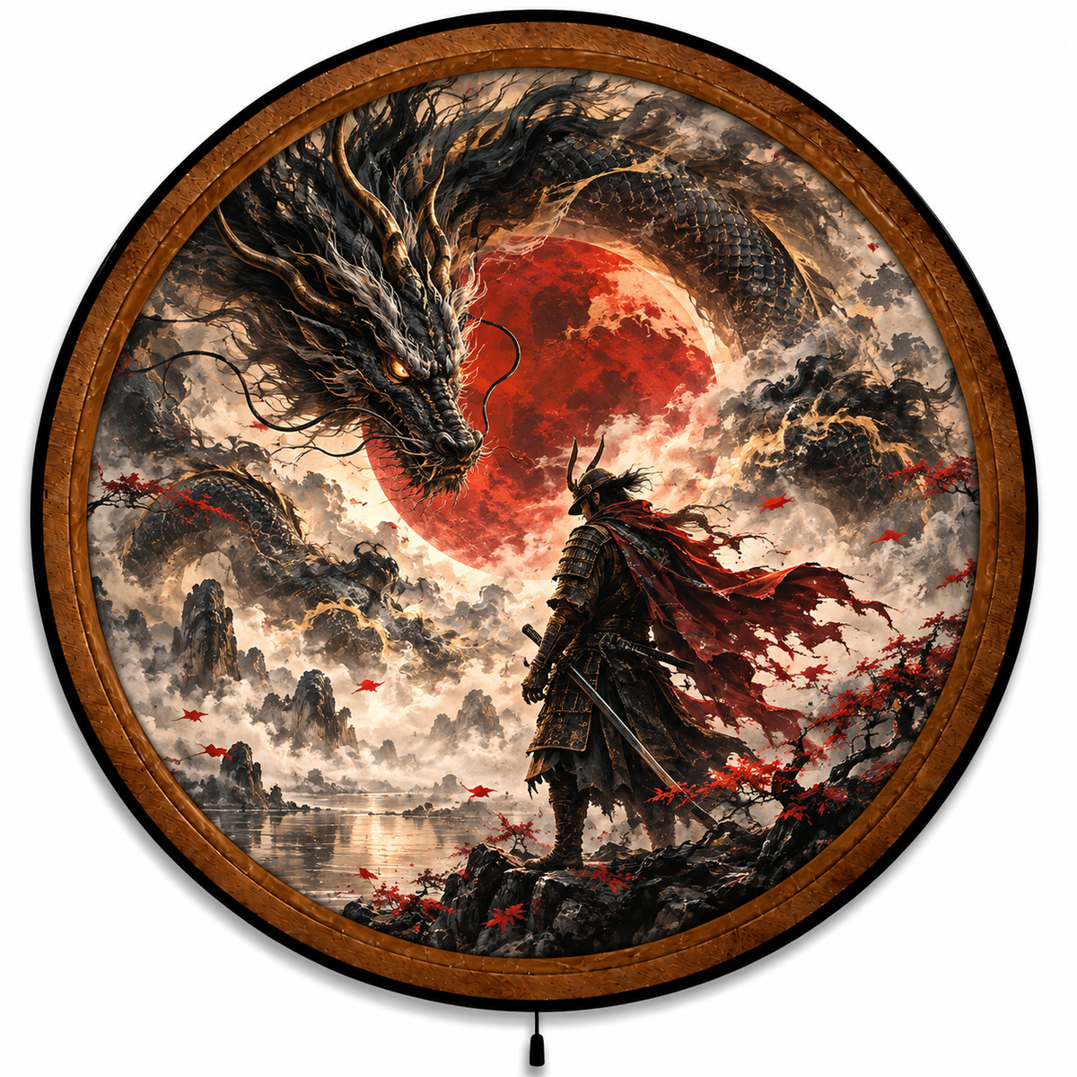 Handcrafted Samurai Dragon LED Wall Art – Red Moon Japanese Fantasy