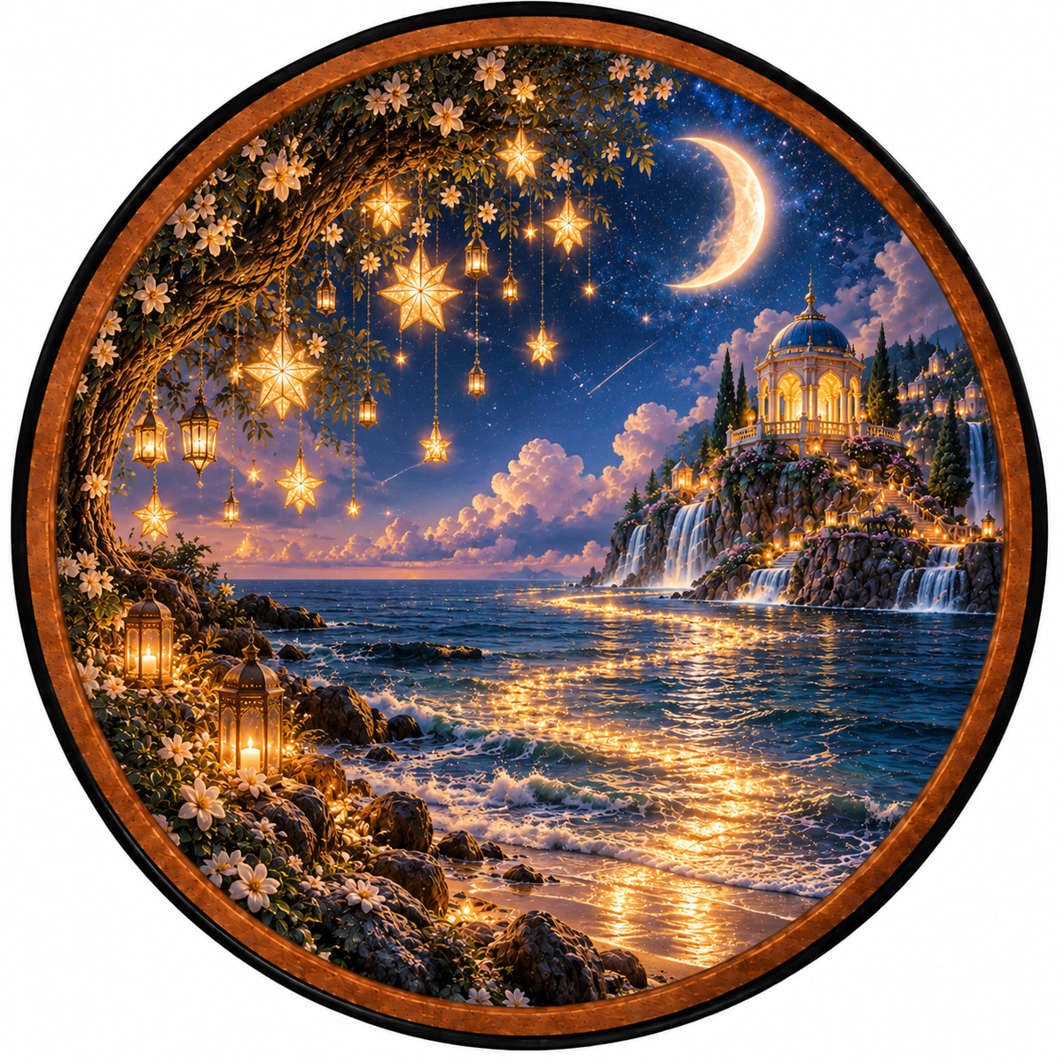 Starlit Moonlight Cove – Handcrafted Round LED Wall Art