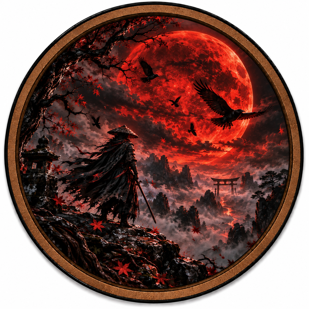 Handcrafted Crimson Moon Samurai Fantasy LED Wall Art