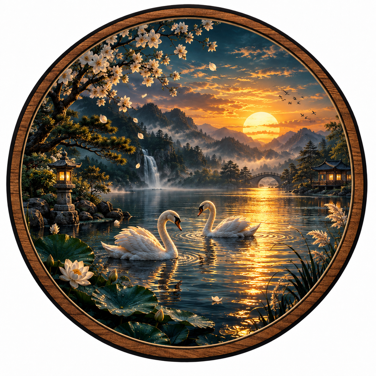 Golden Serenity – Swan Lake Sunset LED Wall Art