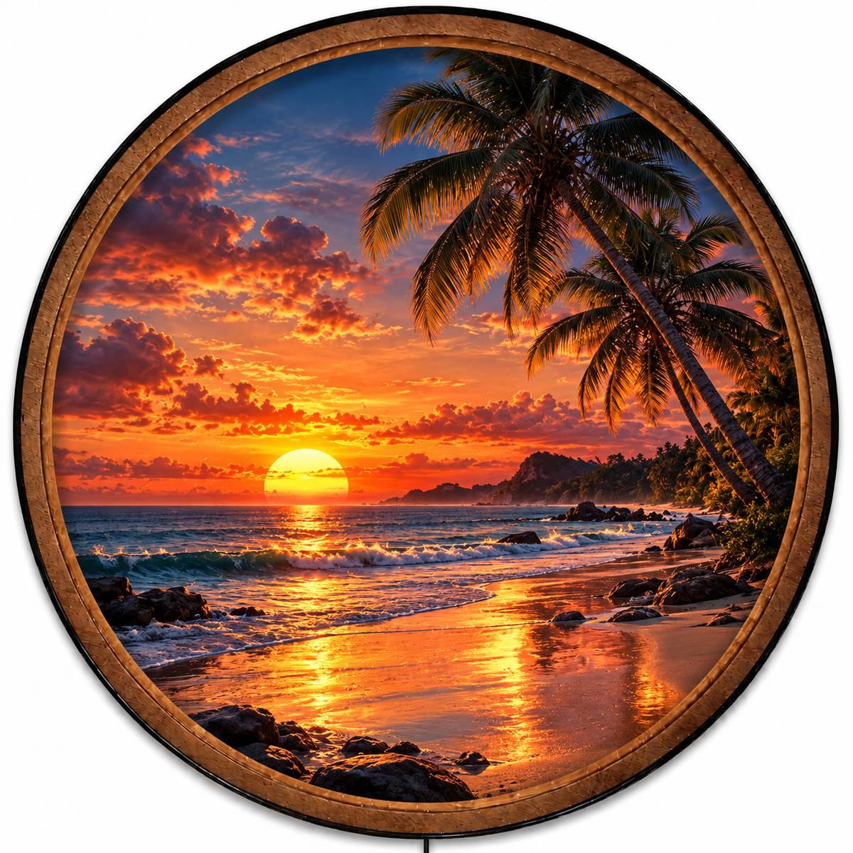 Handcrafted Tropical Sunset LED Wall Art – Palm Tree Beach & Ocean Sunset
