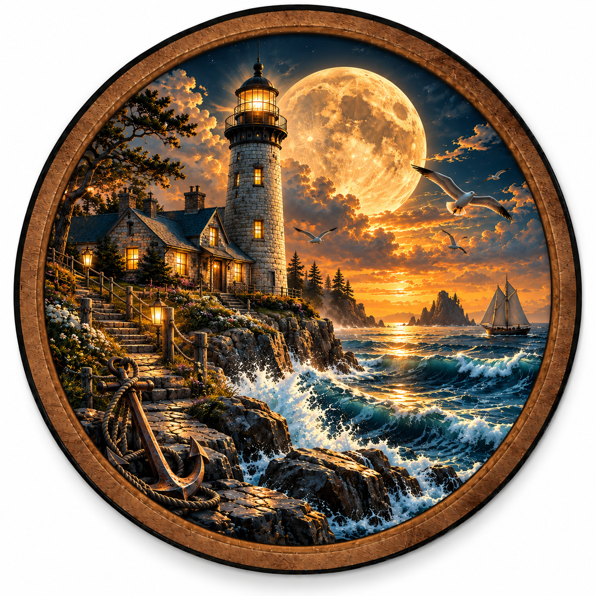 Golden Moon Lighthouse – Coastal Passage LED Wall Art