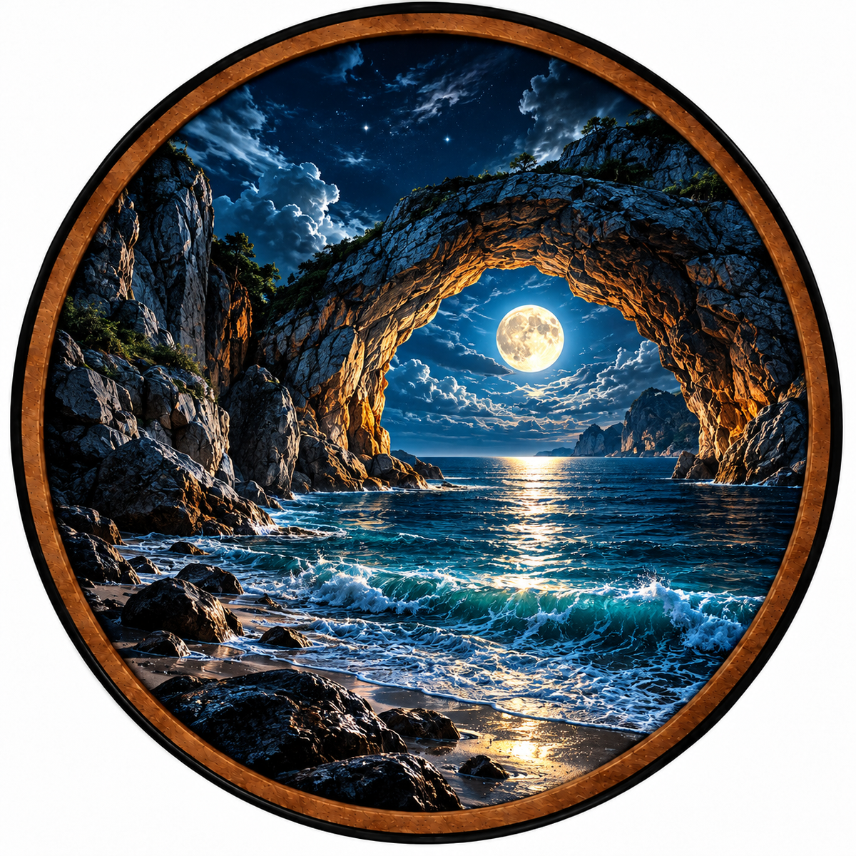 Moonlit Arch – Handcrafted LED Wall Art | Full Moon Ocean & Natural Stone Arch