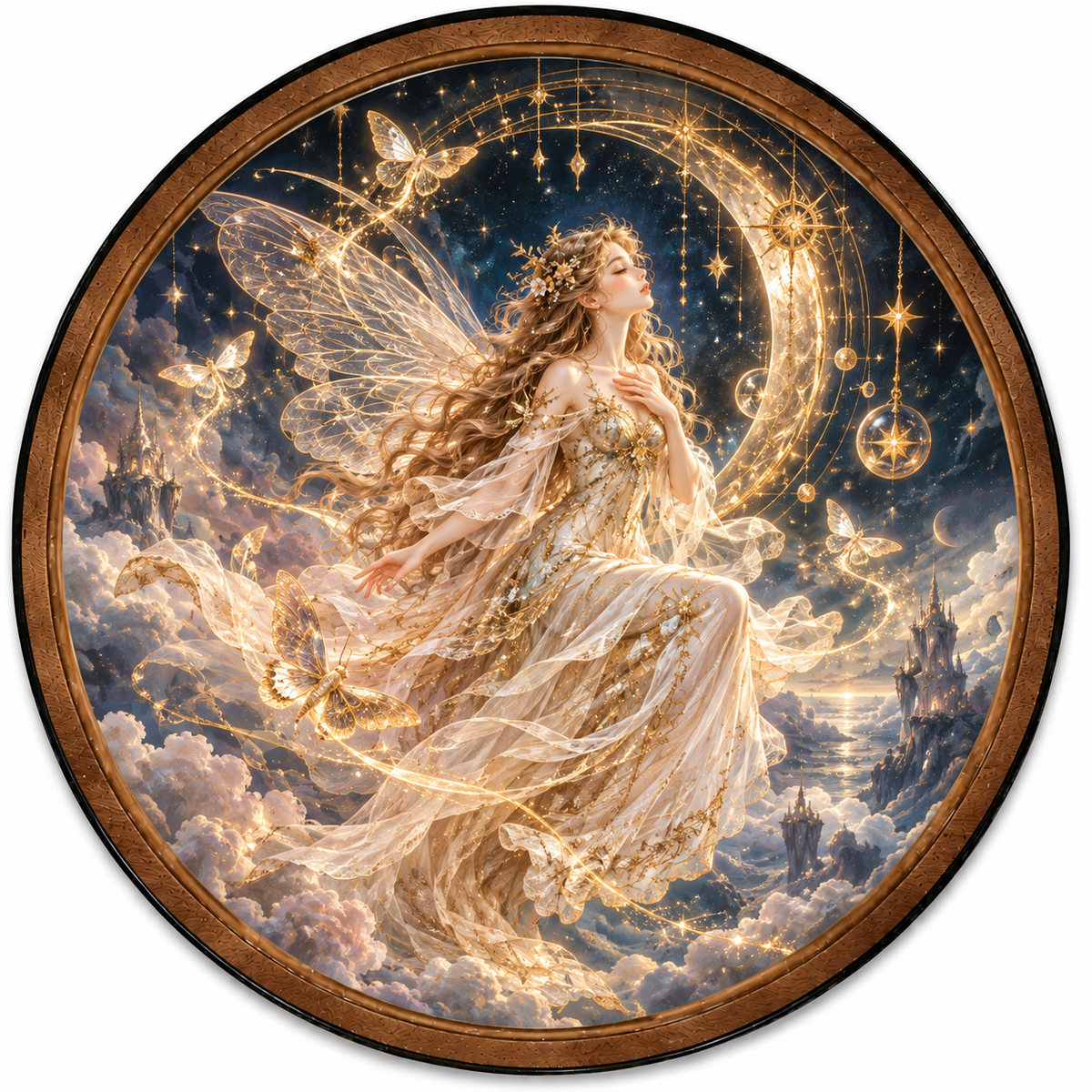 Celestial Moon Fairy Golden Butterfly LED Wall Art