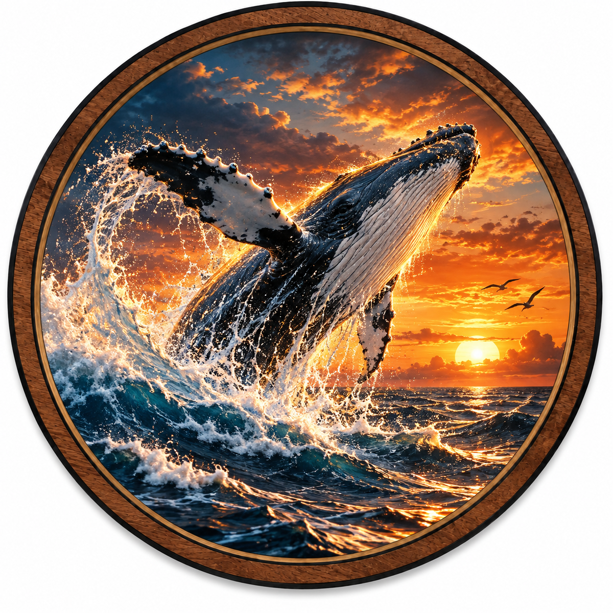 Breaching Humpback Whale Sunset Circular LED Wall Art