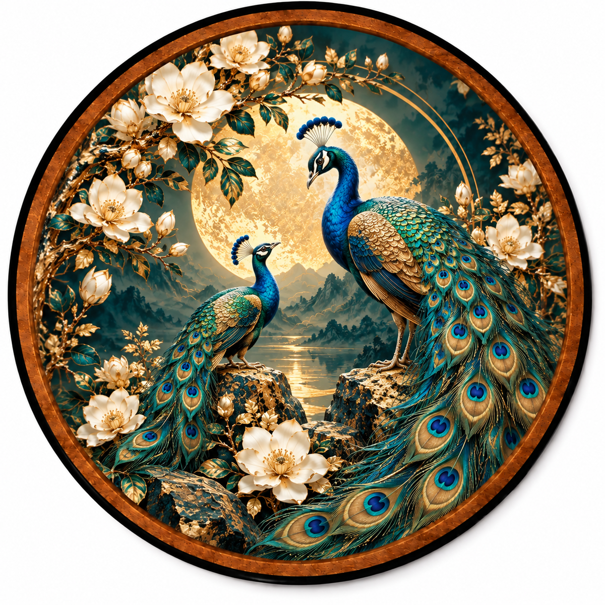 Moonlit Peacock Garden – Handcrafted LED Wall Art | Blue Peacocks & Golden Full Moon