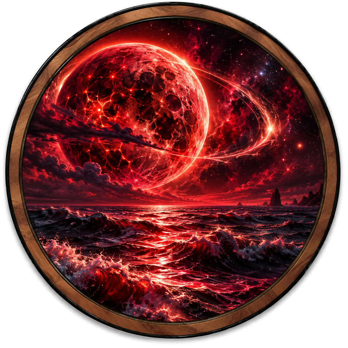 Handcrafted Crimson Eclipse Cosmic Ocean LED Wall Art