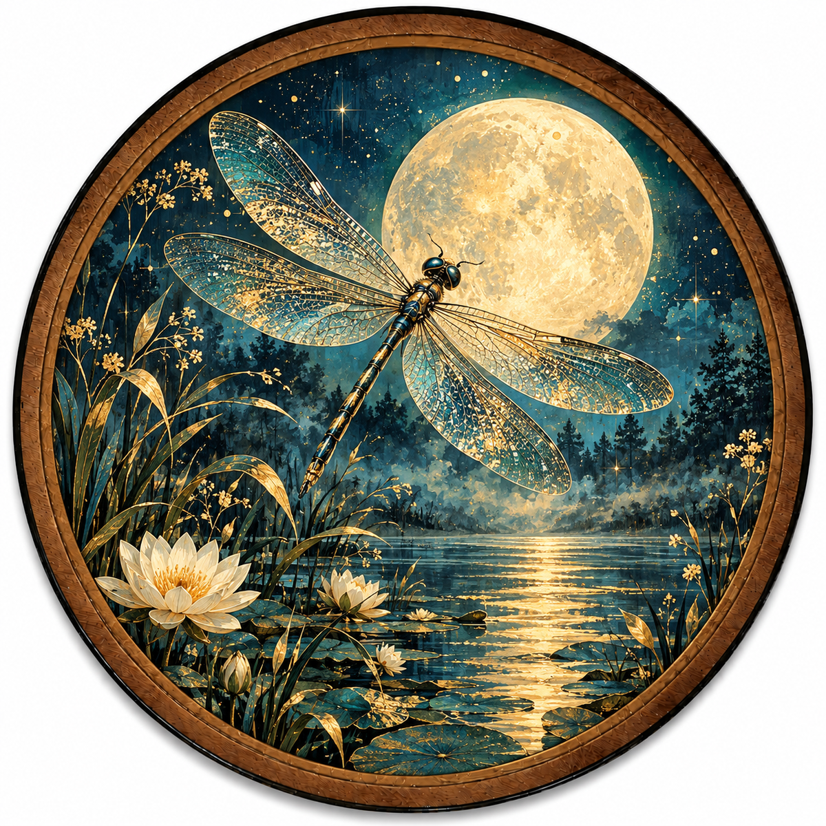 Handcrafted Dragonfly LED Wall Art – Golden Dragonfly & Moon, Mystical Lotus Pond
