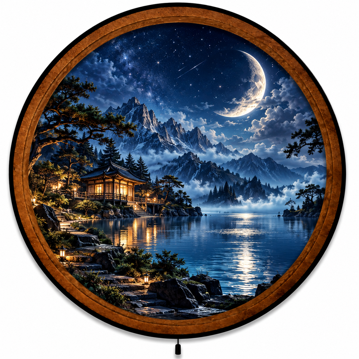 Handcrafted Moonlit Mountain LED Wall Art – Serene Lake & Japanese Pavilion