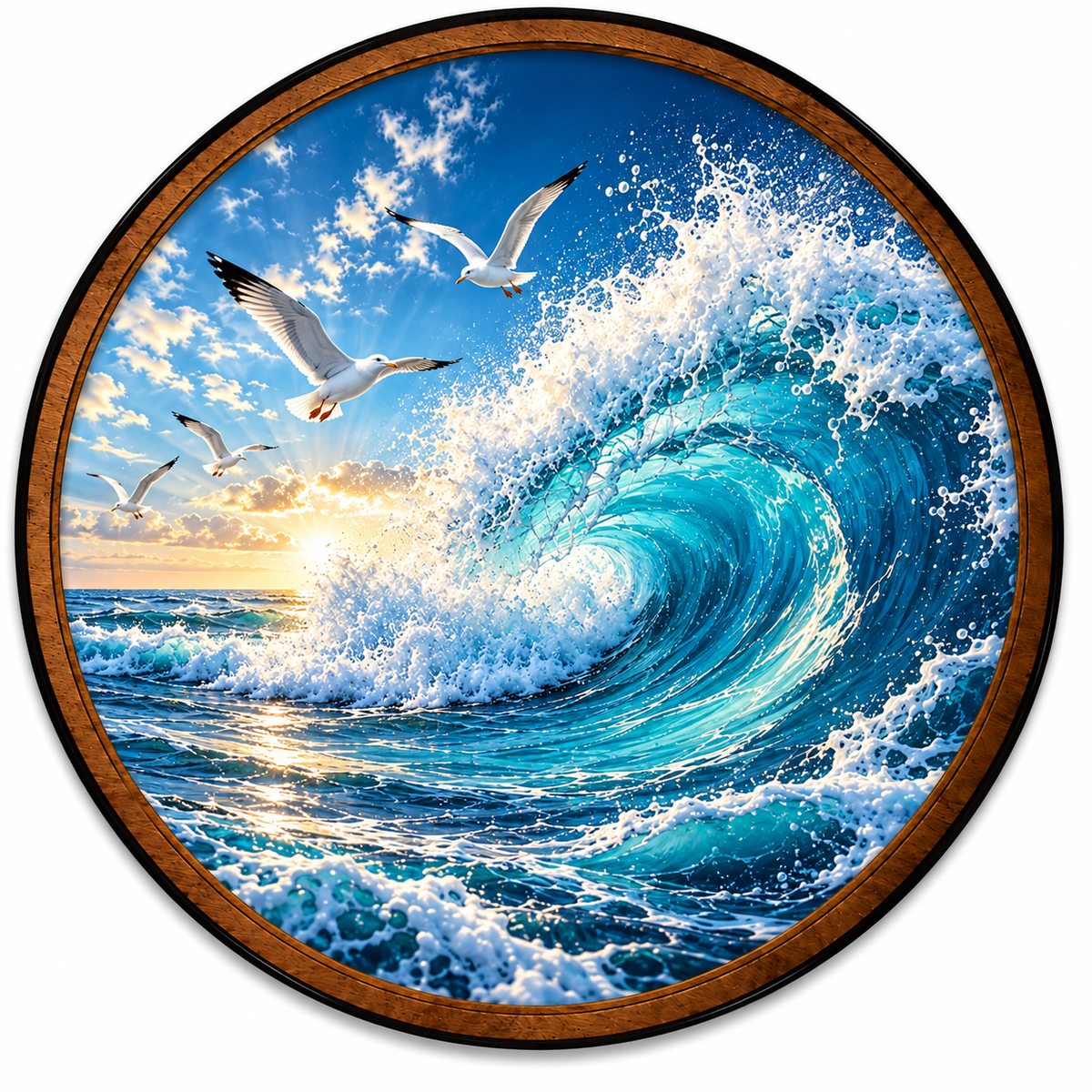 Handcrafted Ocean Wave LED Wall Art – Turquoise Seascape & Flying Seagulls