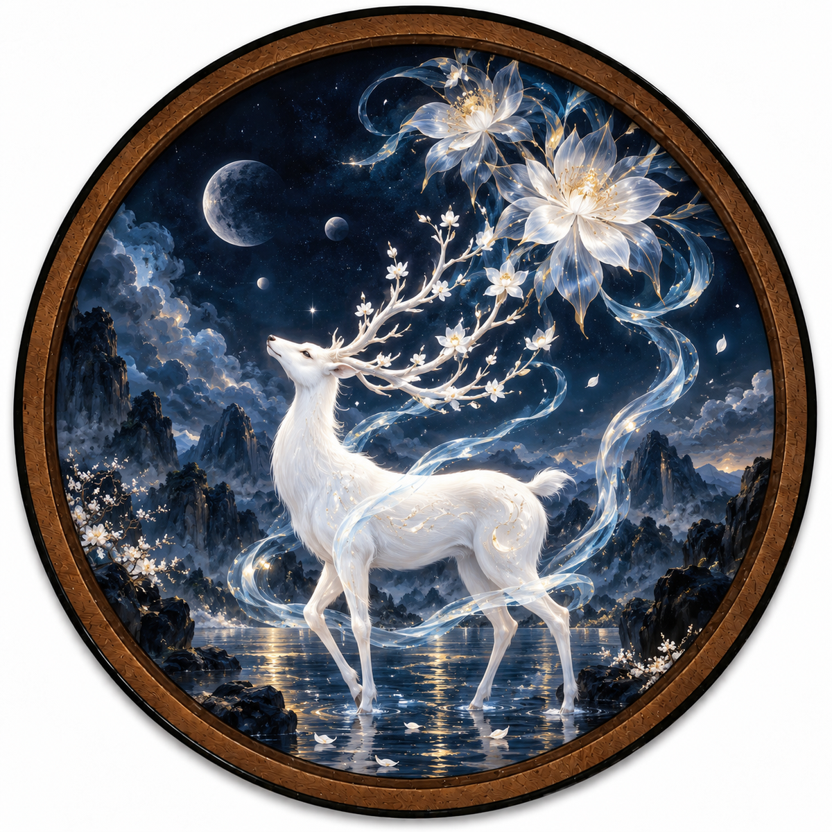 Lunar Blossom White Stag – Handcrafted LED Wall Art
