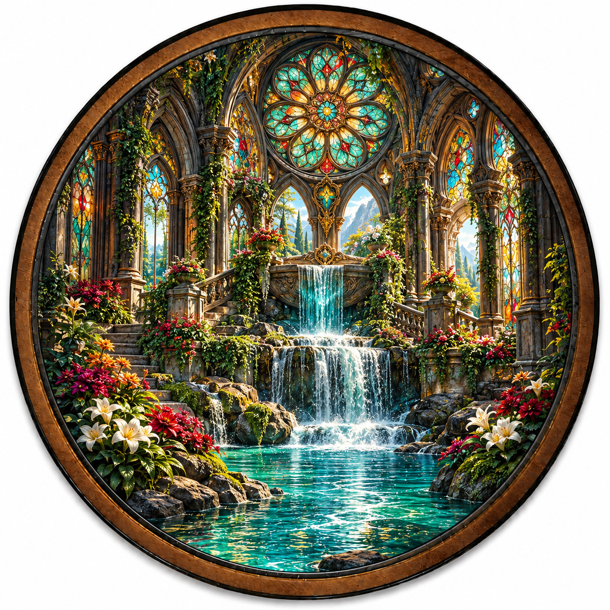 Handcrafted Enchanted Gothic Garden LED Wall Art – Stained Glass Waterfall Sanctuary