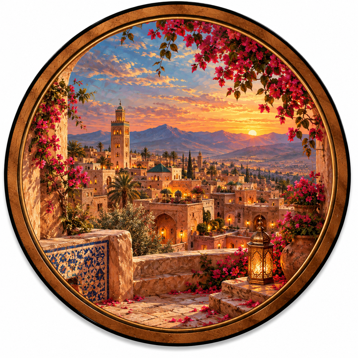 Handcrafted Moroccan Sunset Cityscape LED Wall Art