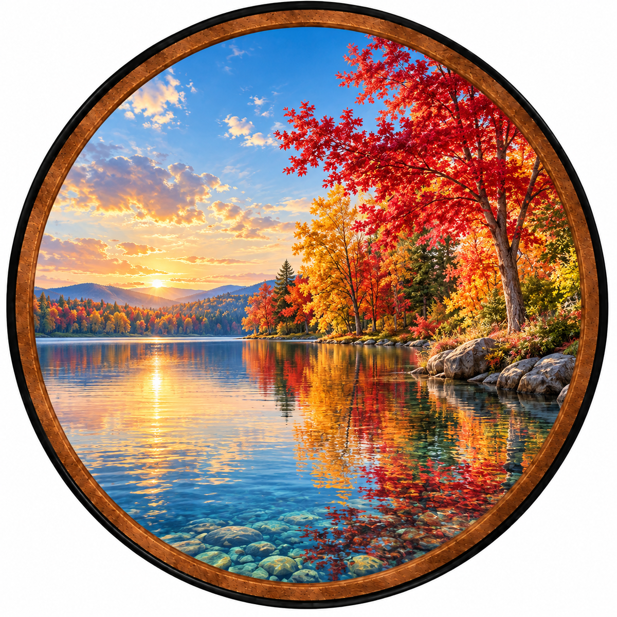 Autumn Lake Sunset – Handcrafted Round LED Wall Art