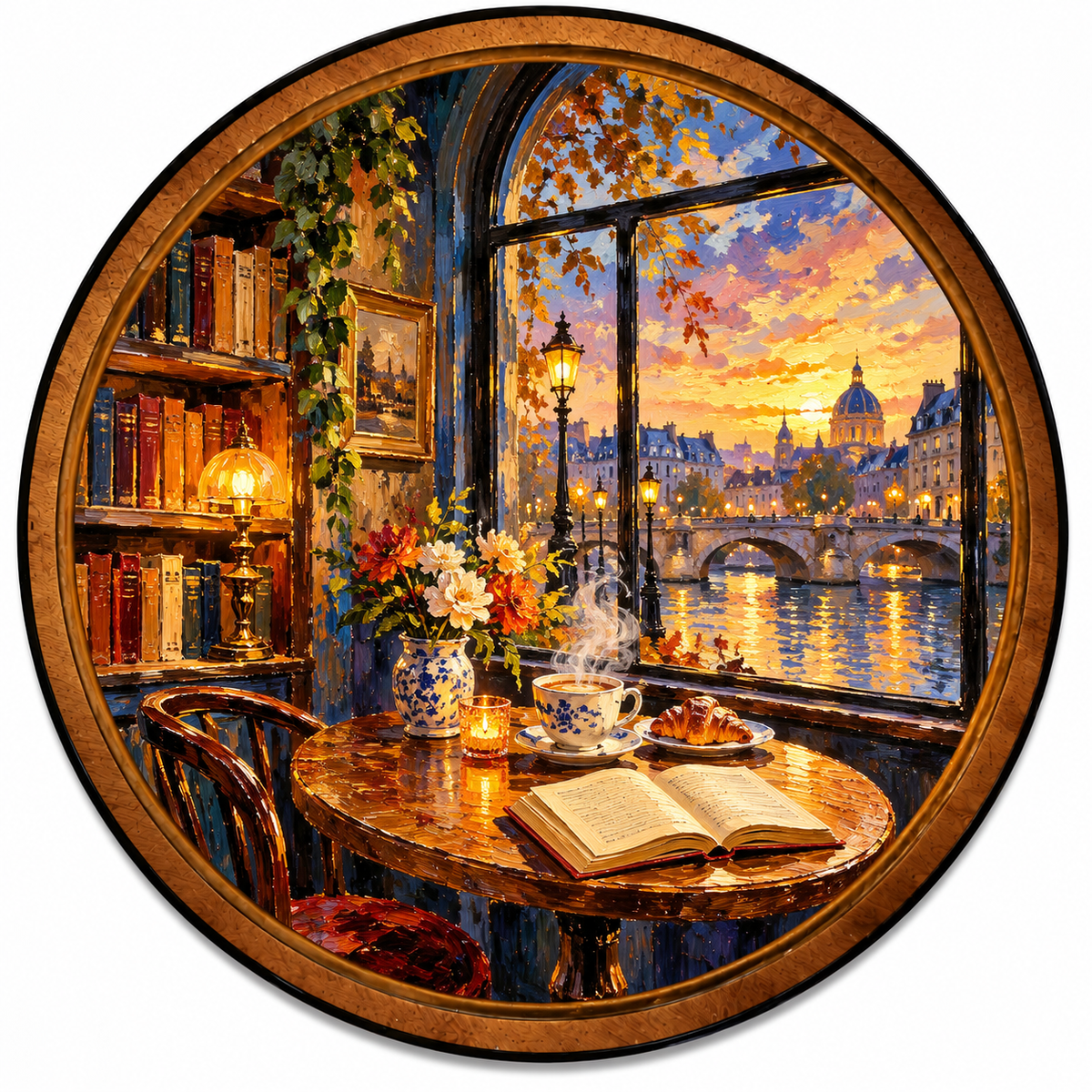 Cozy Riverside Reading Nook – Round LED Wall Art
