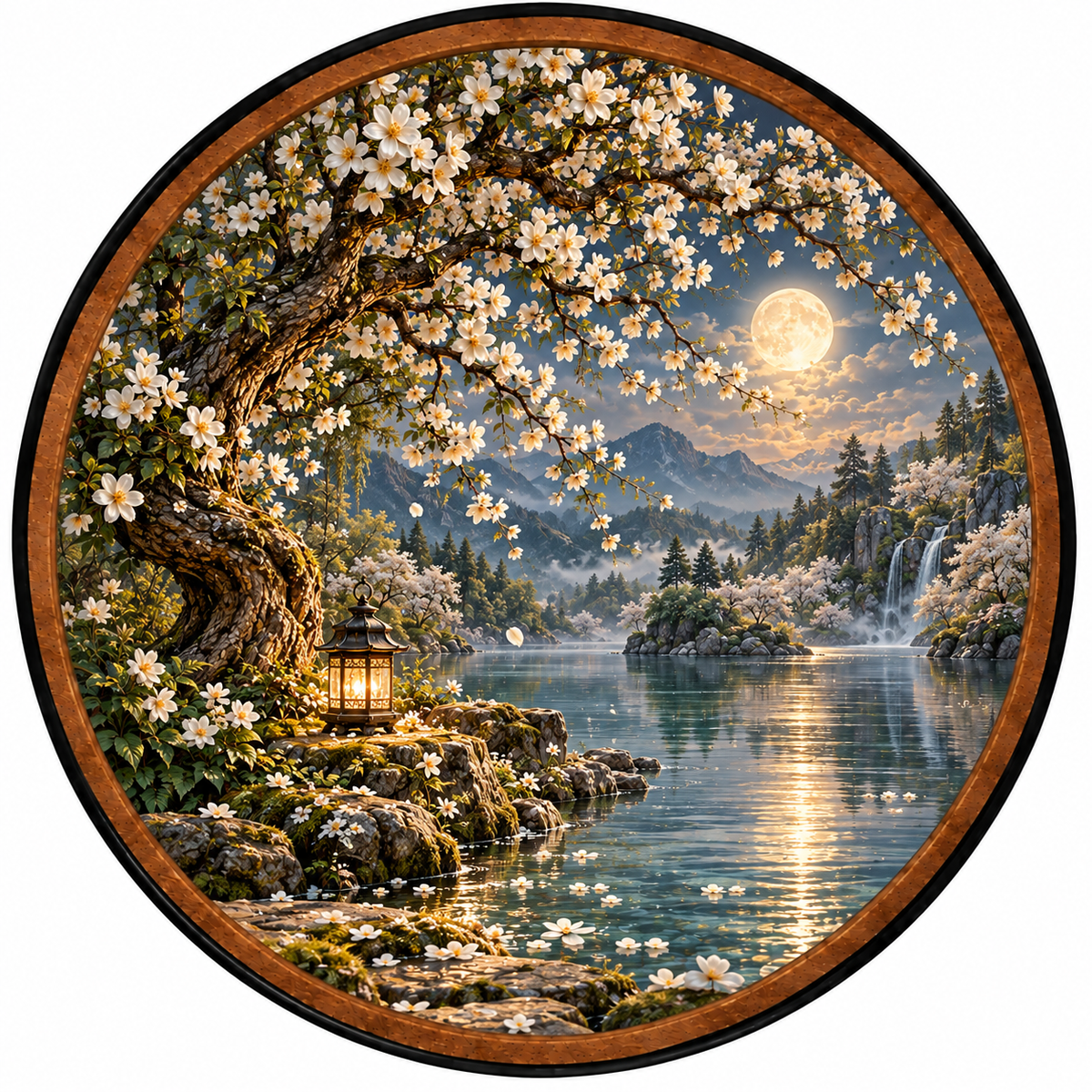 Moonlit Blossom Sanctuary – Handcrafted Round LED Wall Art