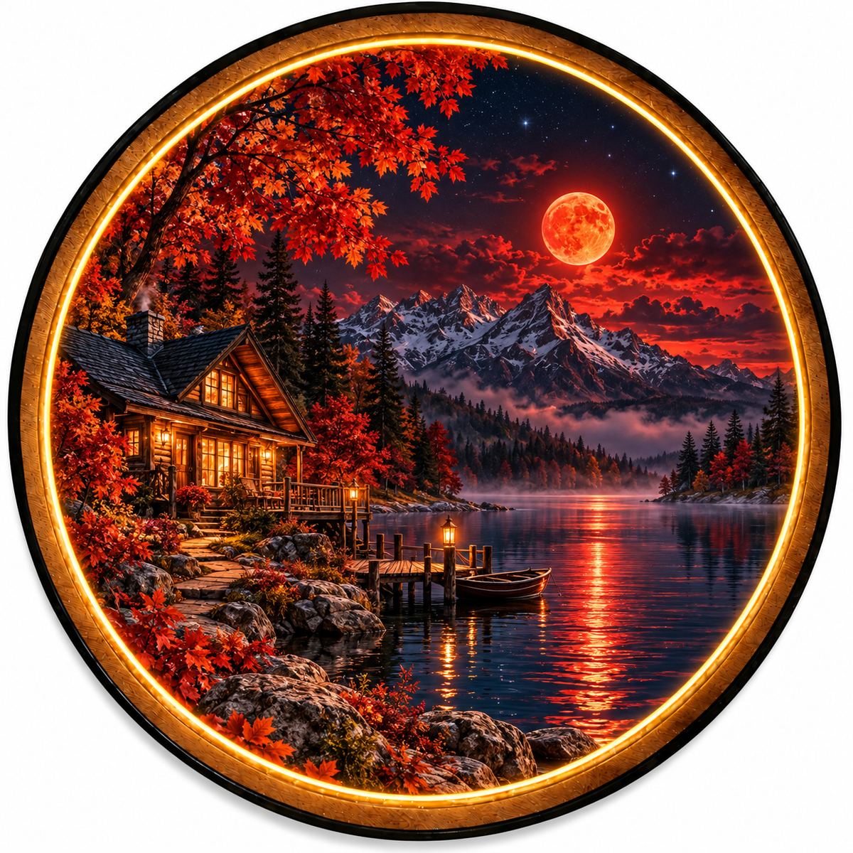 Crimson Moon – Handcrafted Autumn Cabin LED Wall Art | Red Moon Mountain Lake Decor