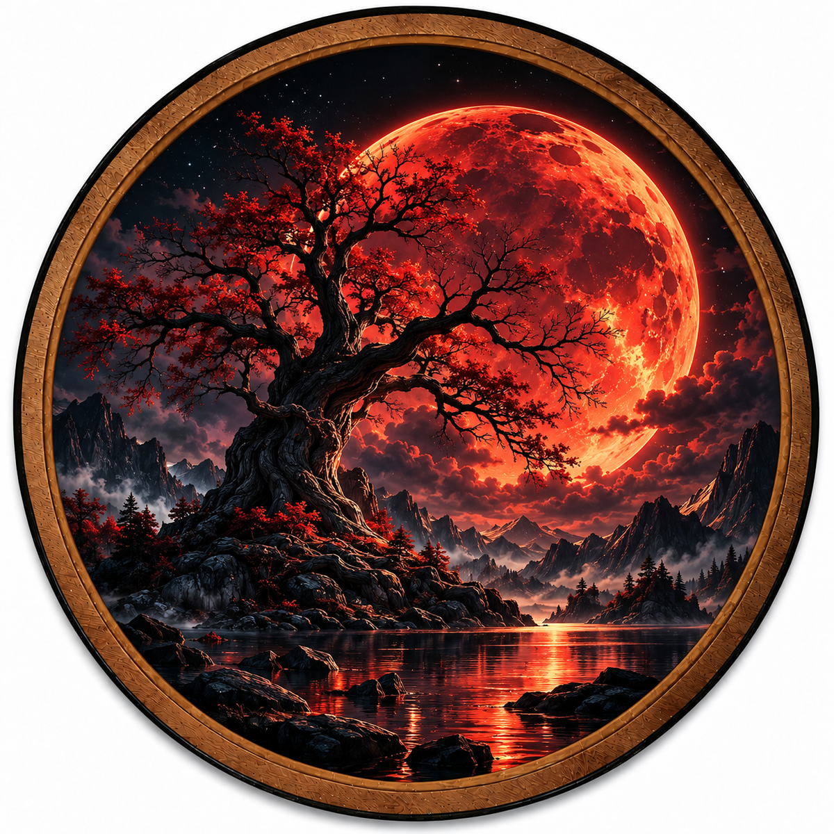 Handcrafted Blood Moon LED Wall Art – Crimson Tree & Red Moon Fantasy Landscape