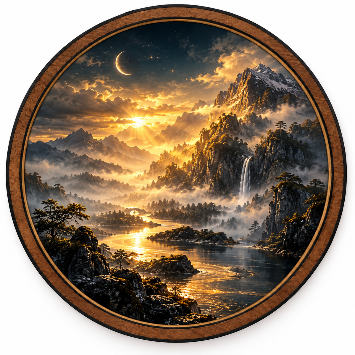Golden Veil Celestial Mountain Sanctuary LED Wall Art