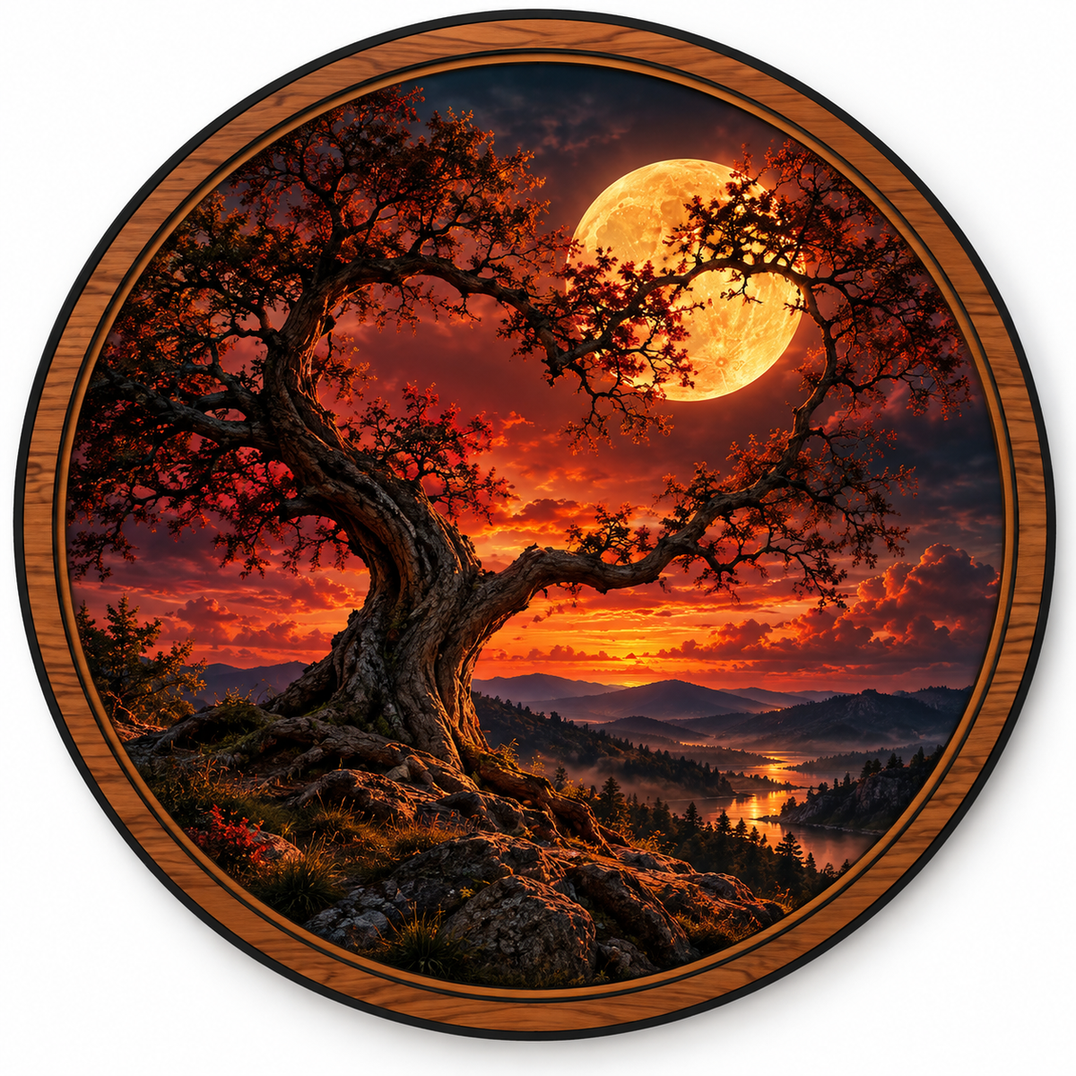 Crimson Moon Ancient Tree Circular LED Wall Art