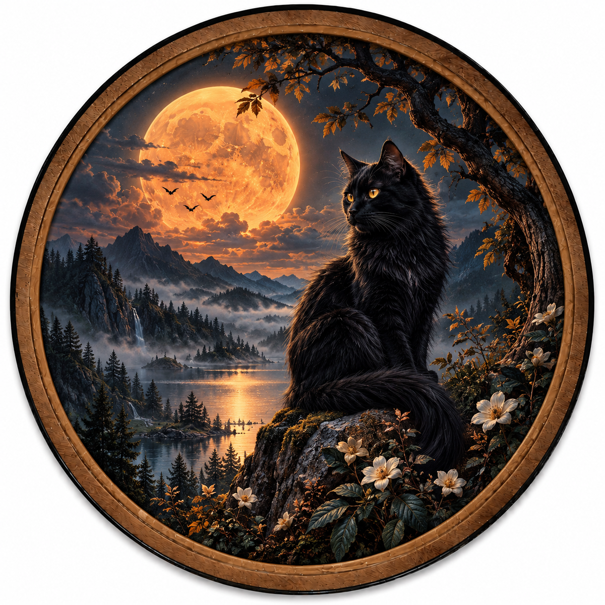 Handcrafted Black Cat LED Wall Art – Golden Full Moon & Mystical Forest, Gothic Celestial