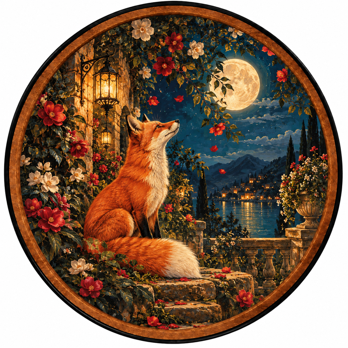 Moonlit Fox Garden – Handcrafted LED Wall Art | Red Fox & Full Moon Floral Decor