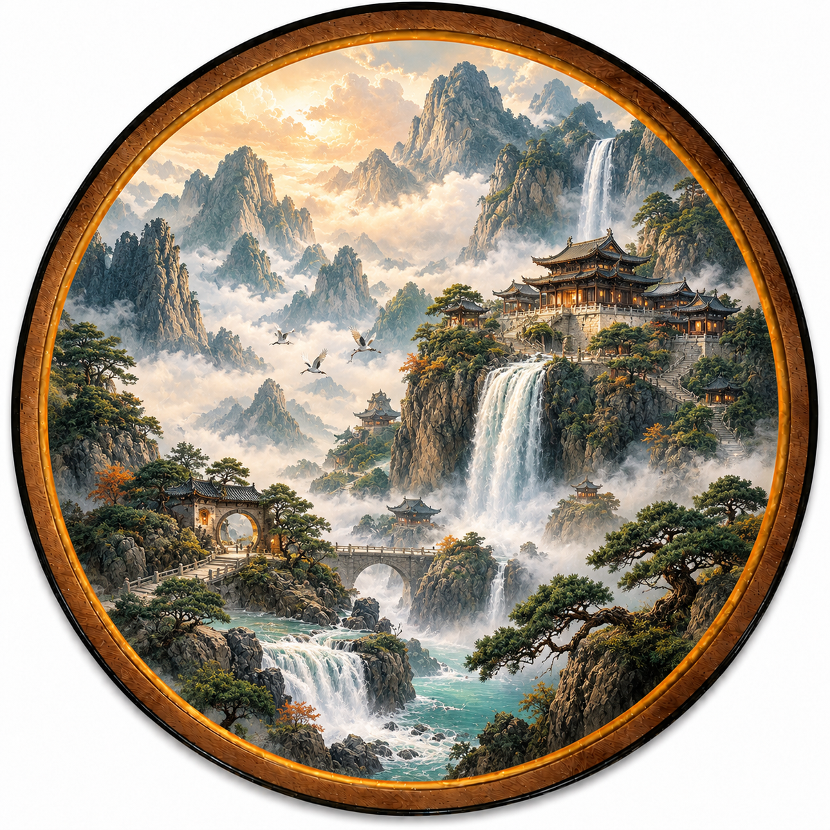 Misty Mountain Sanctuary Circular LED Wall Art