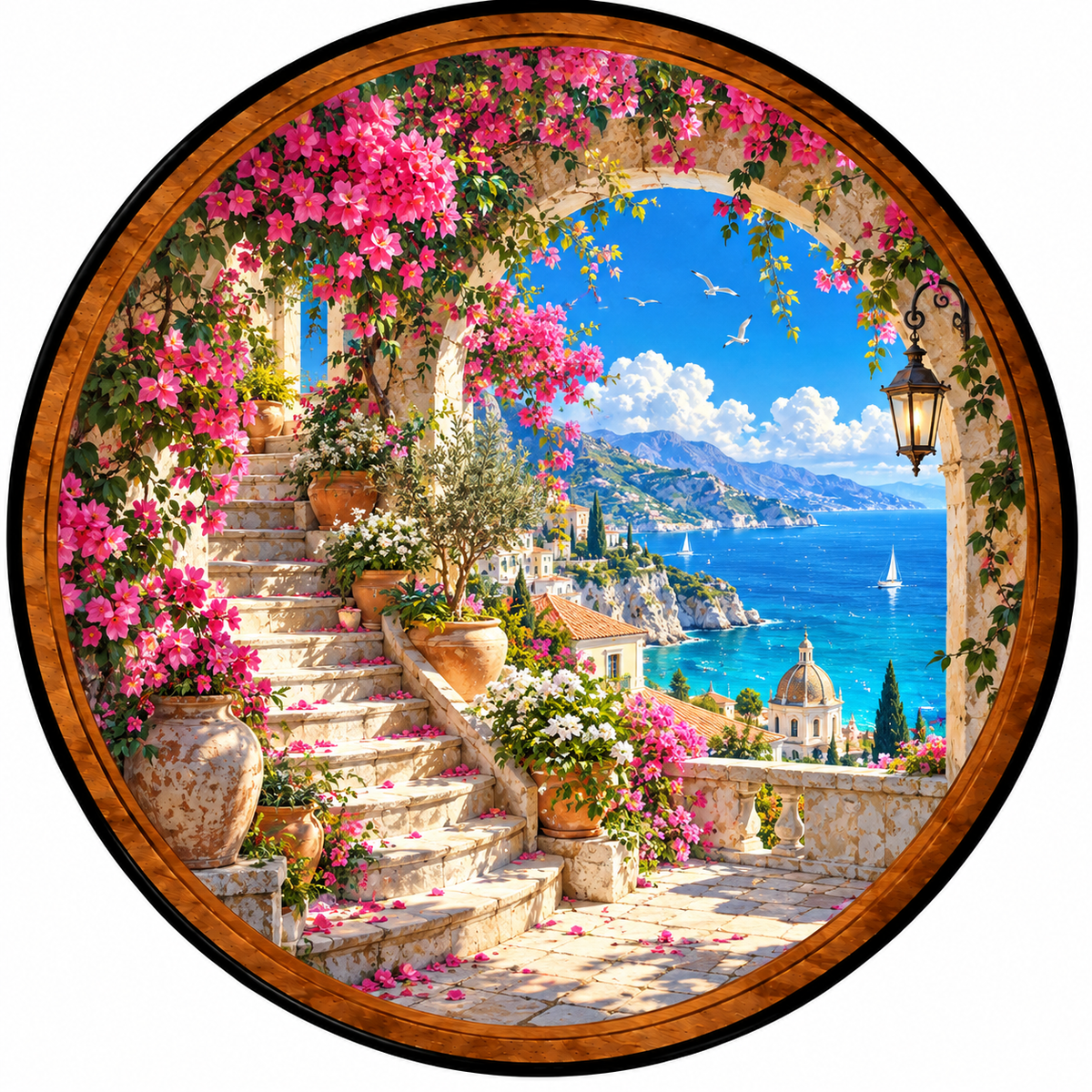 Amalfi Coast Bloom – Handcrafted Round LED Wall Art