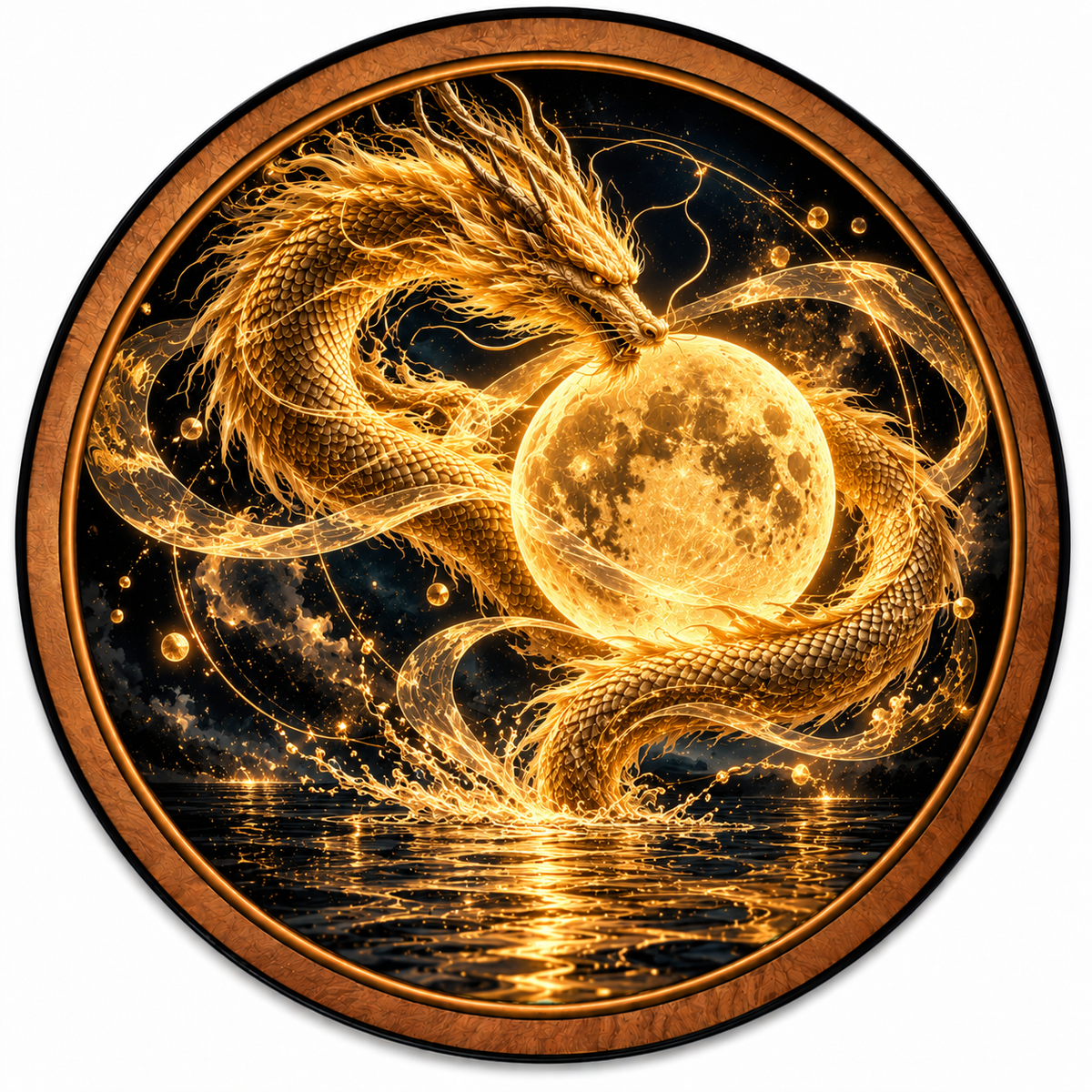 Golden Celestial Dragon Moon Circular LED Wall Art