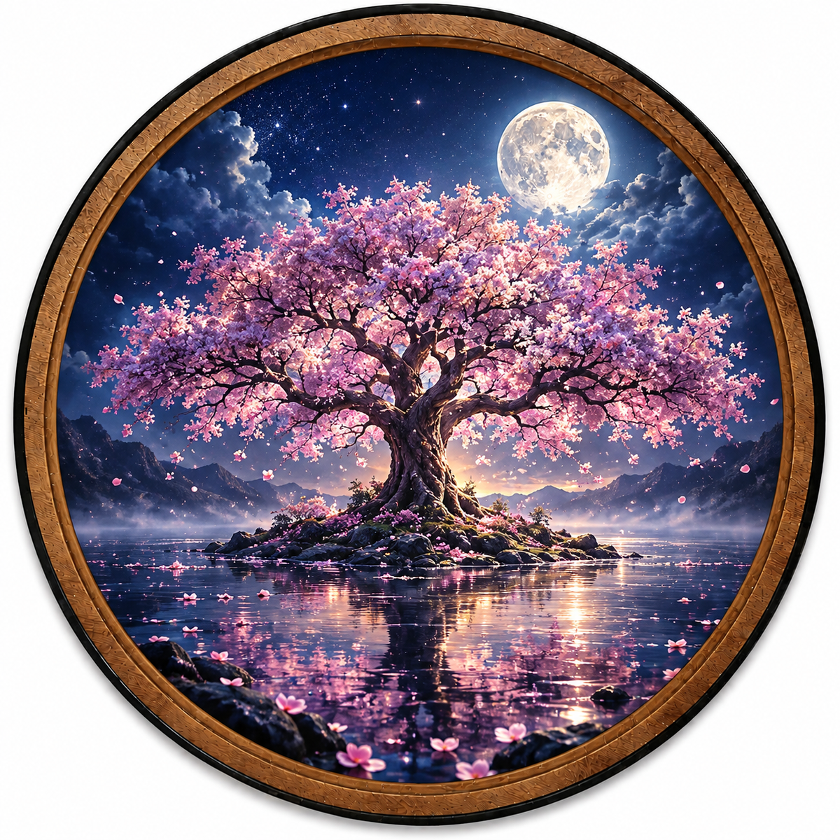 Handcrafted Moonlit Cherry Blossom Tree LED Wall Art – Pink Sakura & Full Moon Japanese Nature