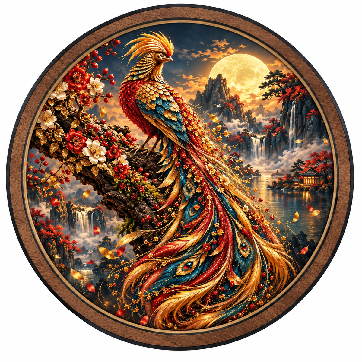 Golden Phoenix Garden – Moonlit Paradise LED Wall Art