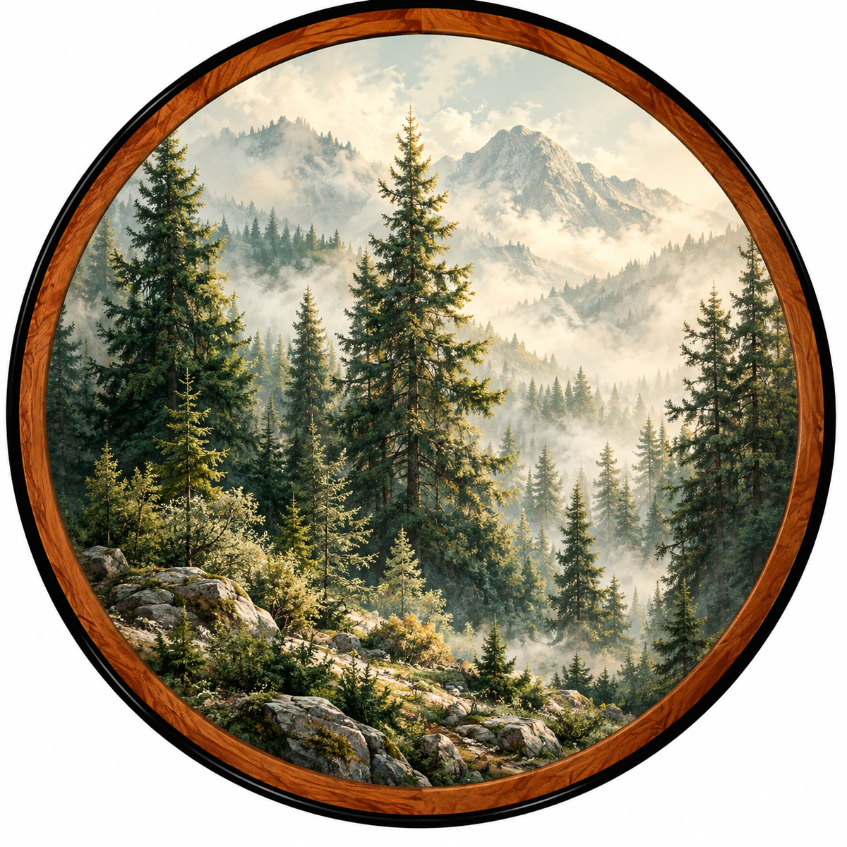 Misty Evergreen Forest – Handcrafted Round LED Wall Art