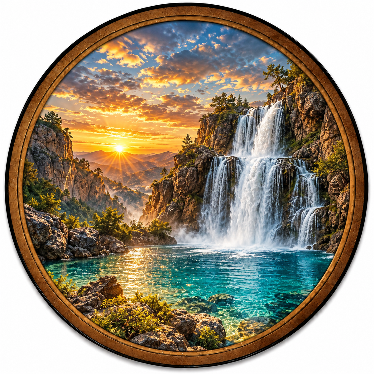 Handcrafted Waterfall LED Wall Art – Golden Sunset Mountain Landscape, Turquoise Lake & Nature