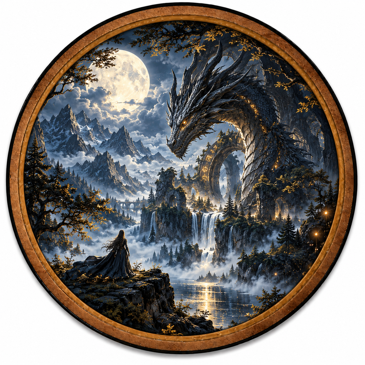 Moonlit Black Dragon Fantasy Circular LED Wall Art