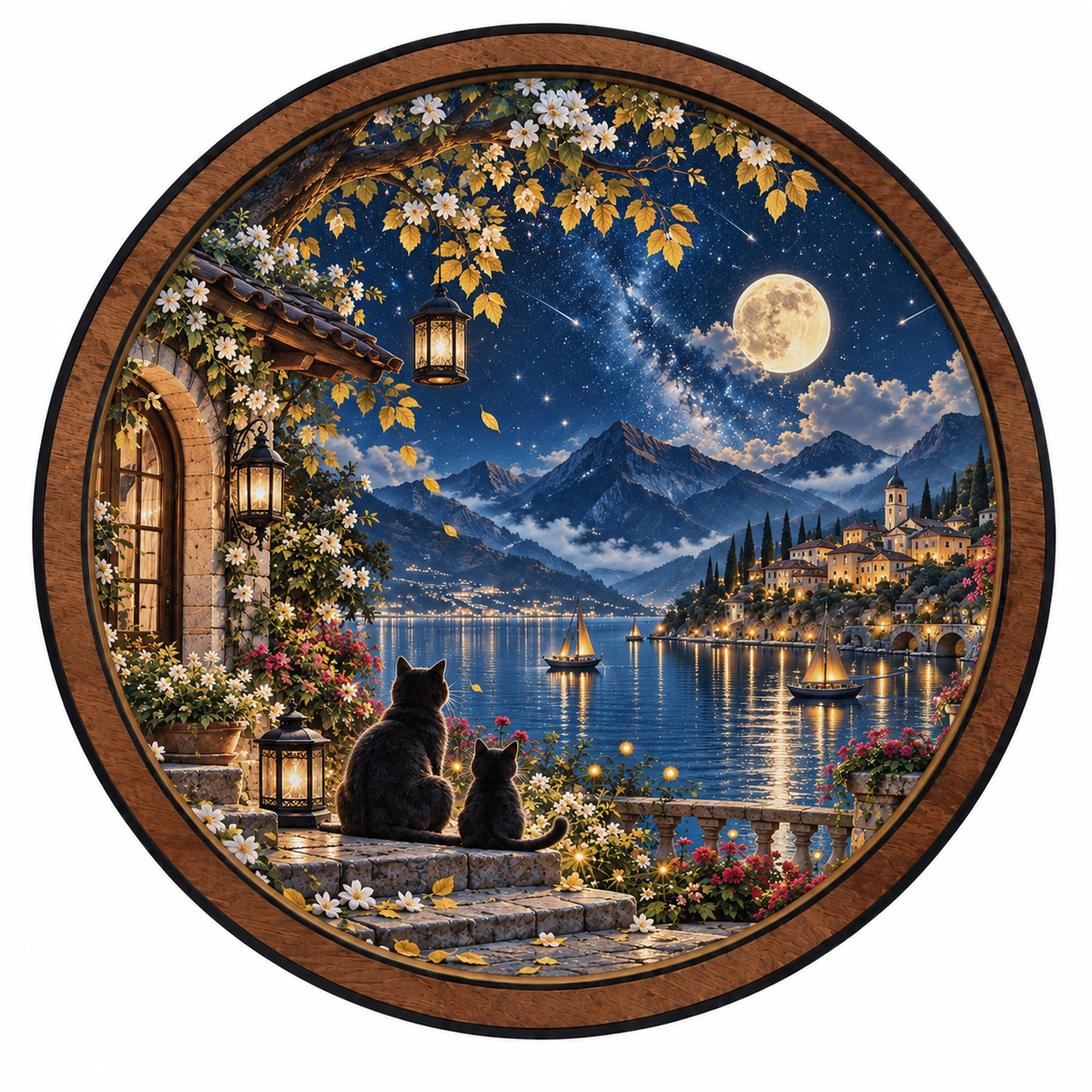 Moonlit Cat Haven – Starlit Lake LED Wall Art