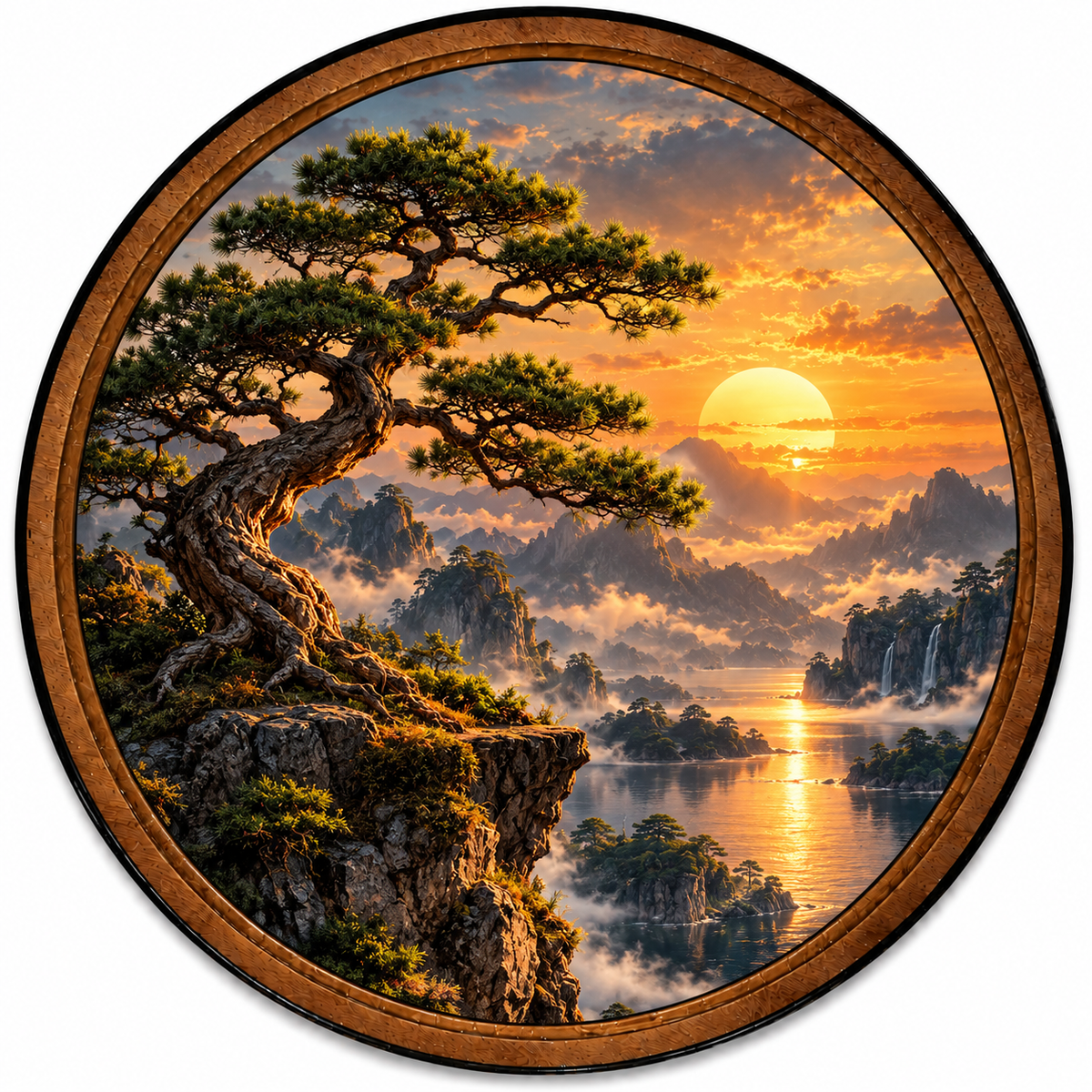Ancient Pine Sunset – Handcrafted Round LED Wall Art