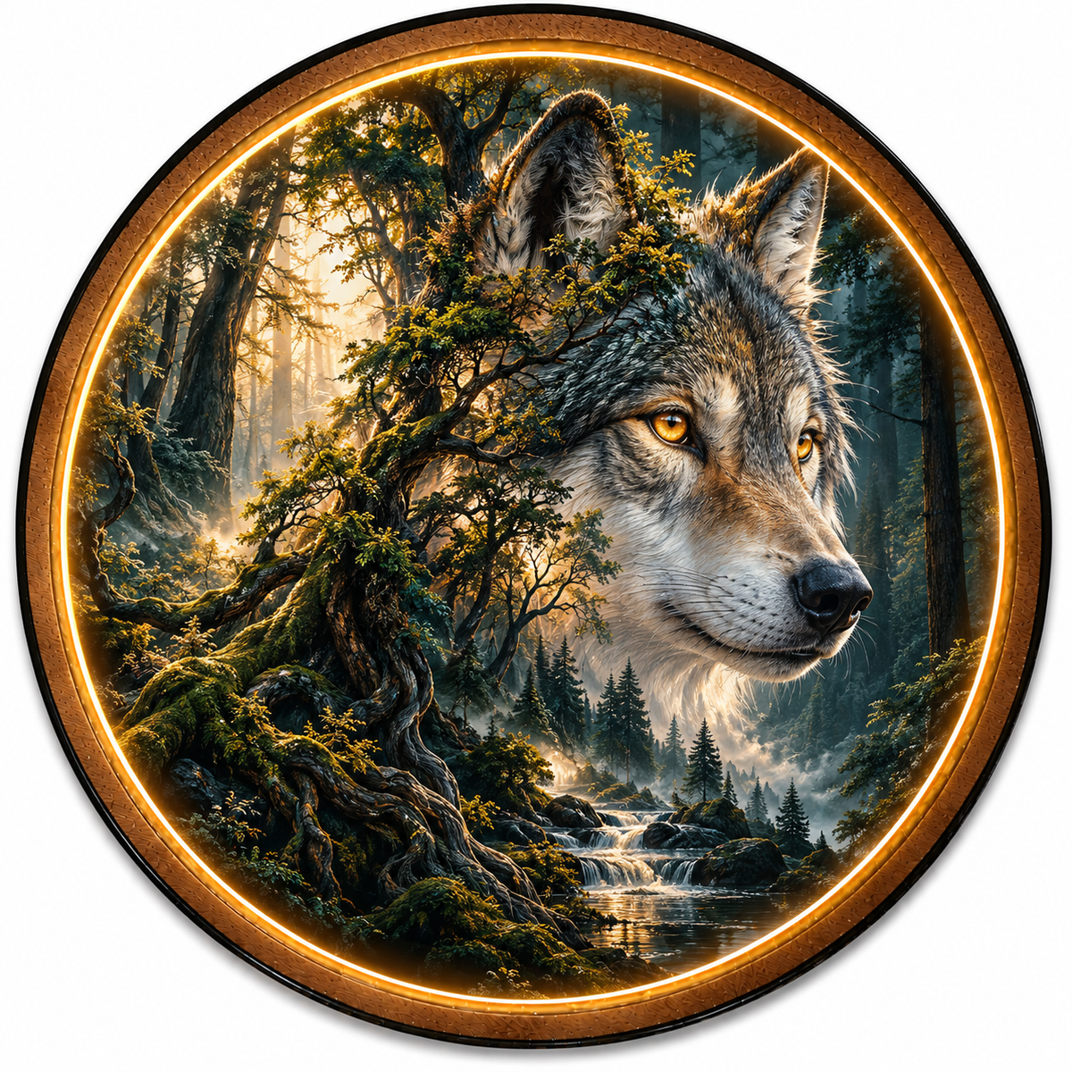 Handcrafted Mystic Wolf LED Wall Art – Golden-Eyed Wolf & Enchanted Forest Nature