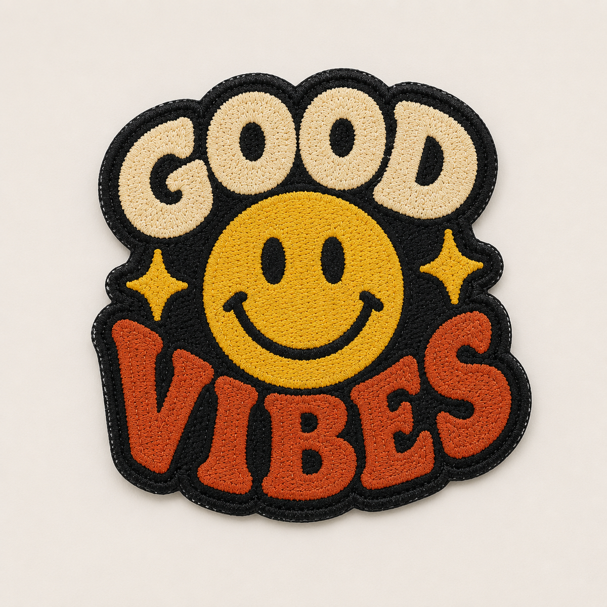 Good Vibes Smiley Face Embroidered Iron-On Patch – Retro Hippie Applique