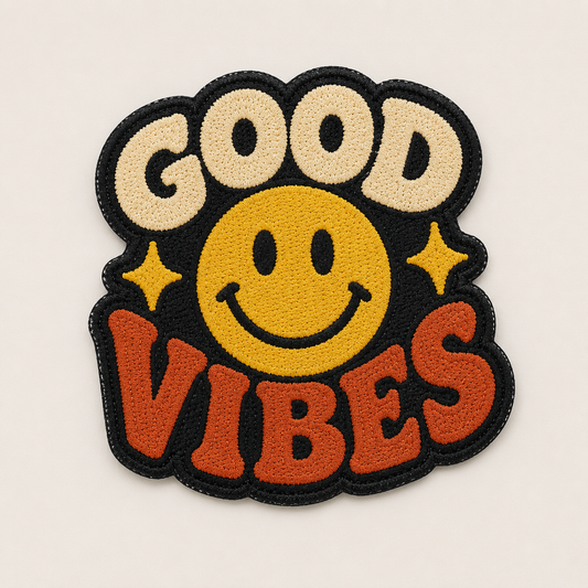 Good Vibes Smiley Face Embroidered Iron-On Patch – Retro Hippie Applique