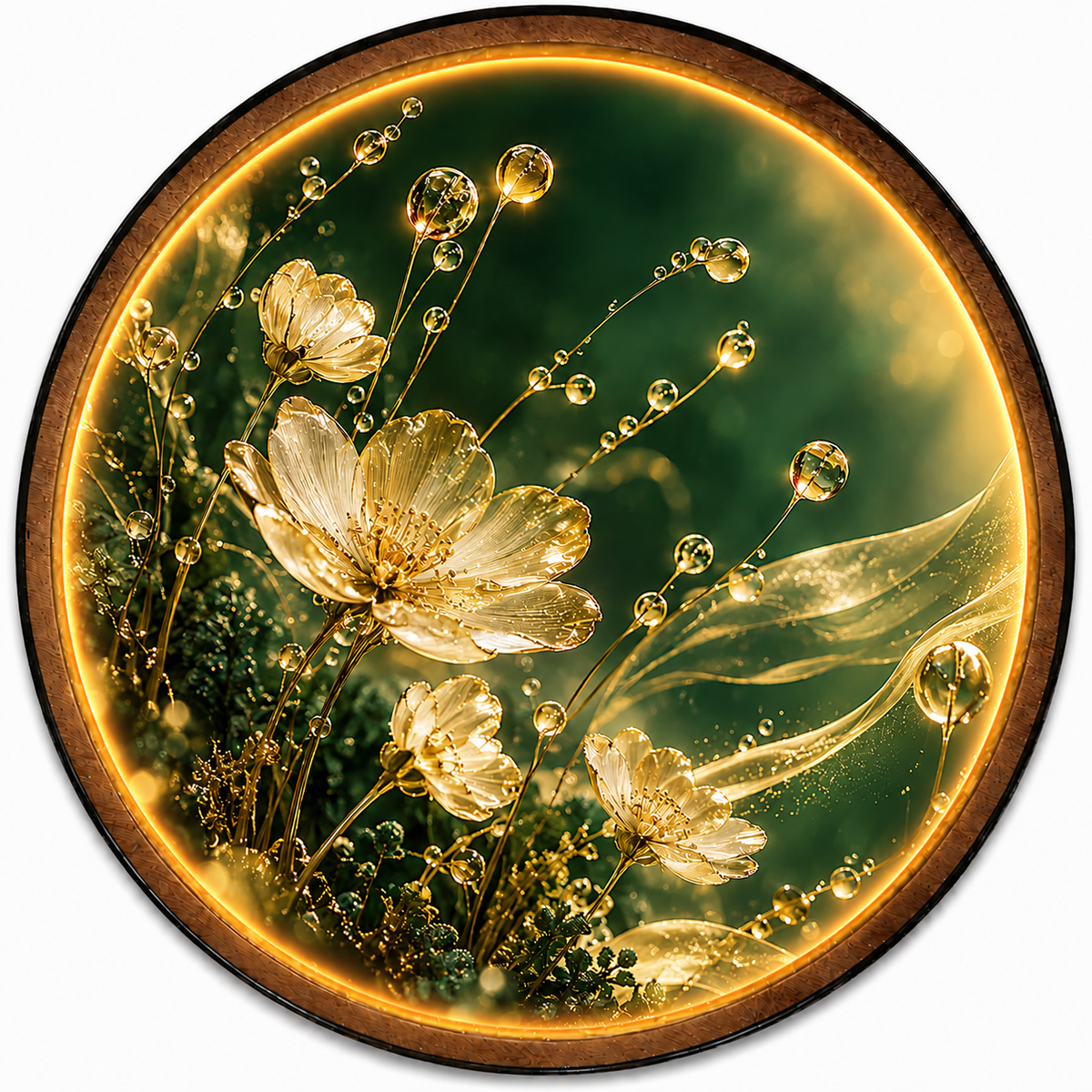 Golden Wildflowers & Dewdrops Circular LED Wall Art