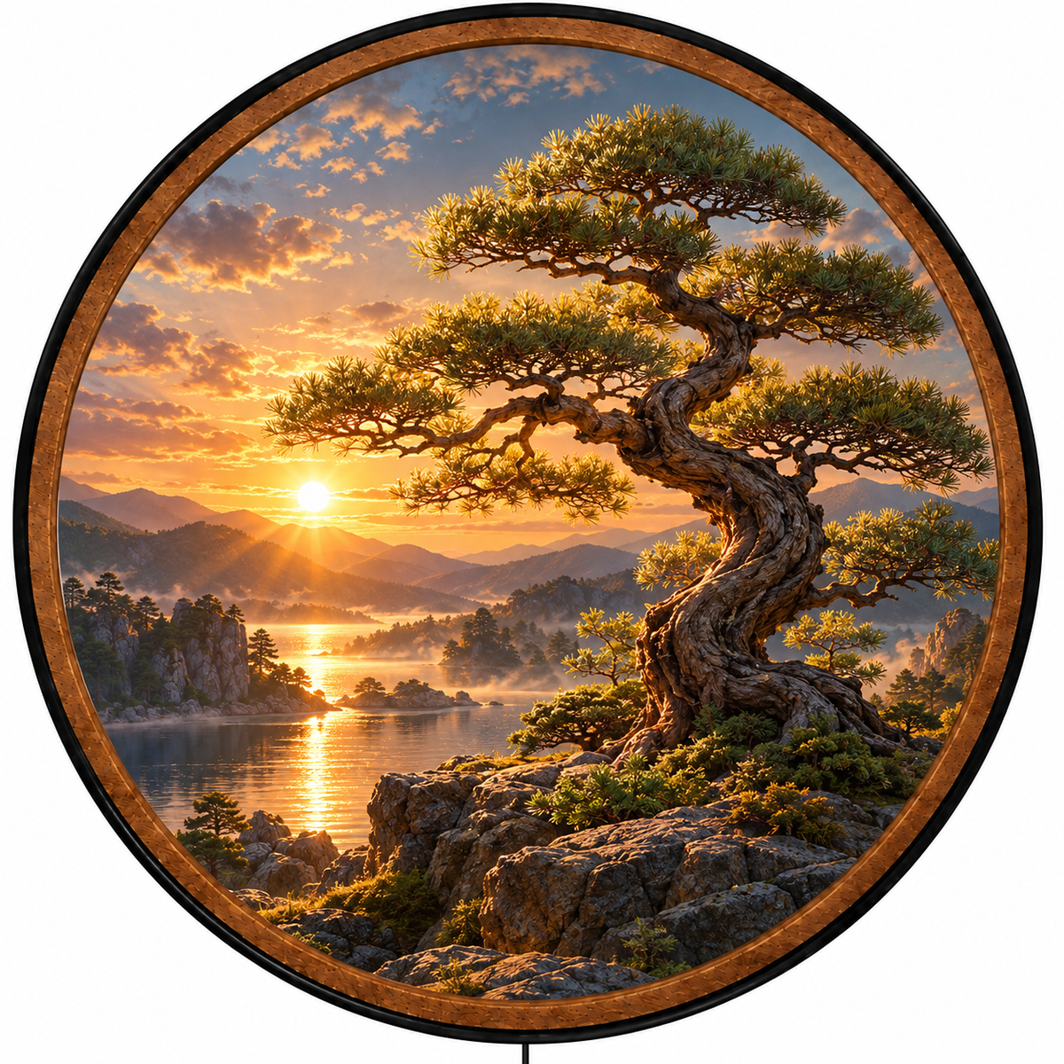 Golden Sunset Bonsai – Handcrafted Round LED Wall Art